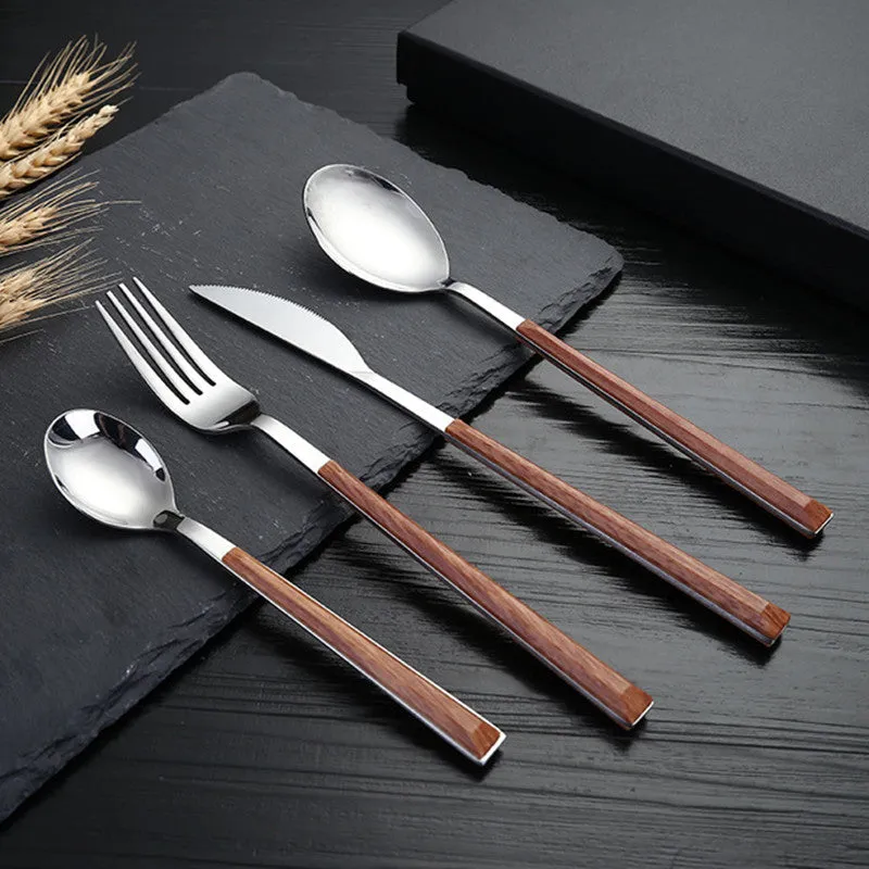 16pcs Stainless Steel Wooden Handle Cutlery Set Dinnerware