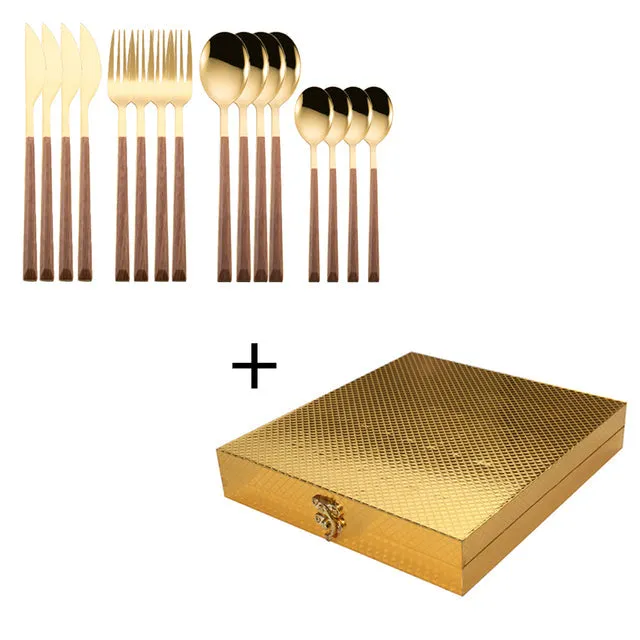 16pcs Stainless Steel Wooden Handle Cutlery Set Dinnerware