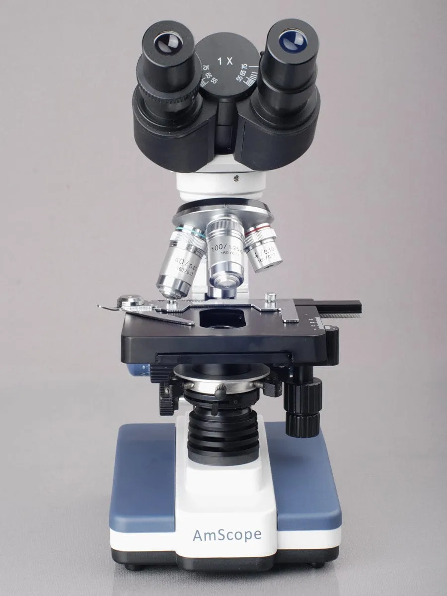 AmScope B020 Series LED Lab Binocular Compound Microscope 40X-2500X Magnification with 3D 2-Layer Mechanical Stage