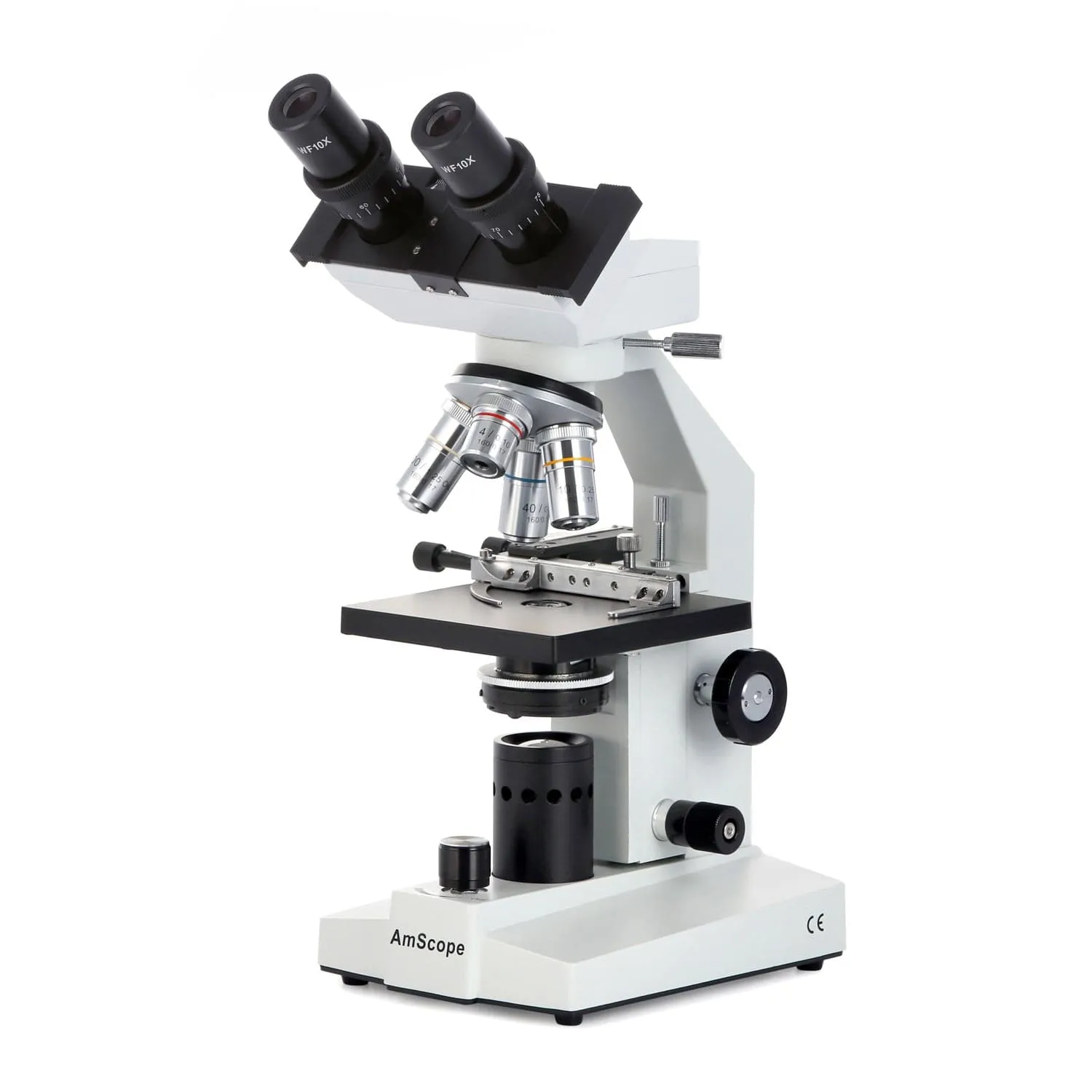 AmScope B100 Series Biological Binocular Compound Microscope 40X-2000X Magnification with 20W Halogen and Mechanical Stage