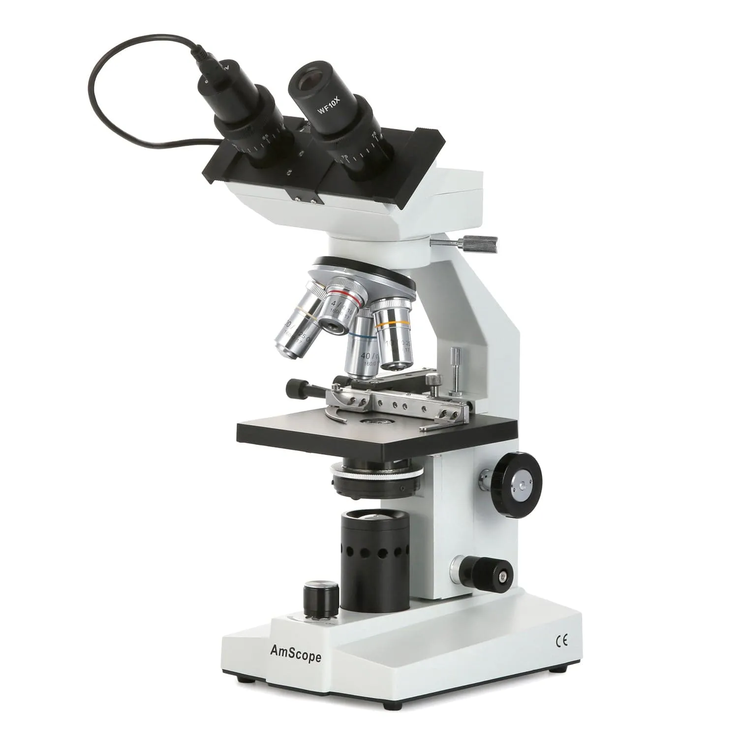 AmScope B100 Series Biological Binocular Compound Microscope 40X-2000X Magnification with Halogen, Mech. Stage and 3MP Digital Eyepiece