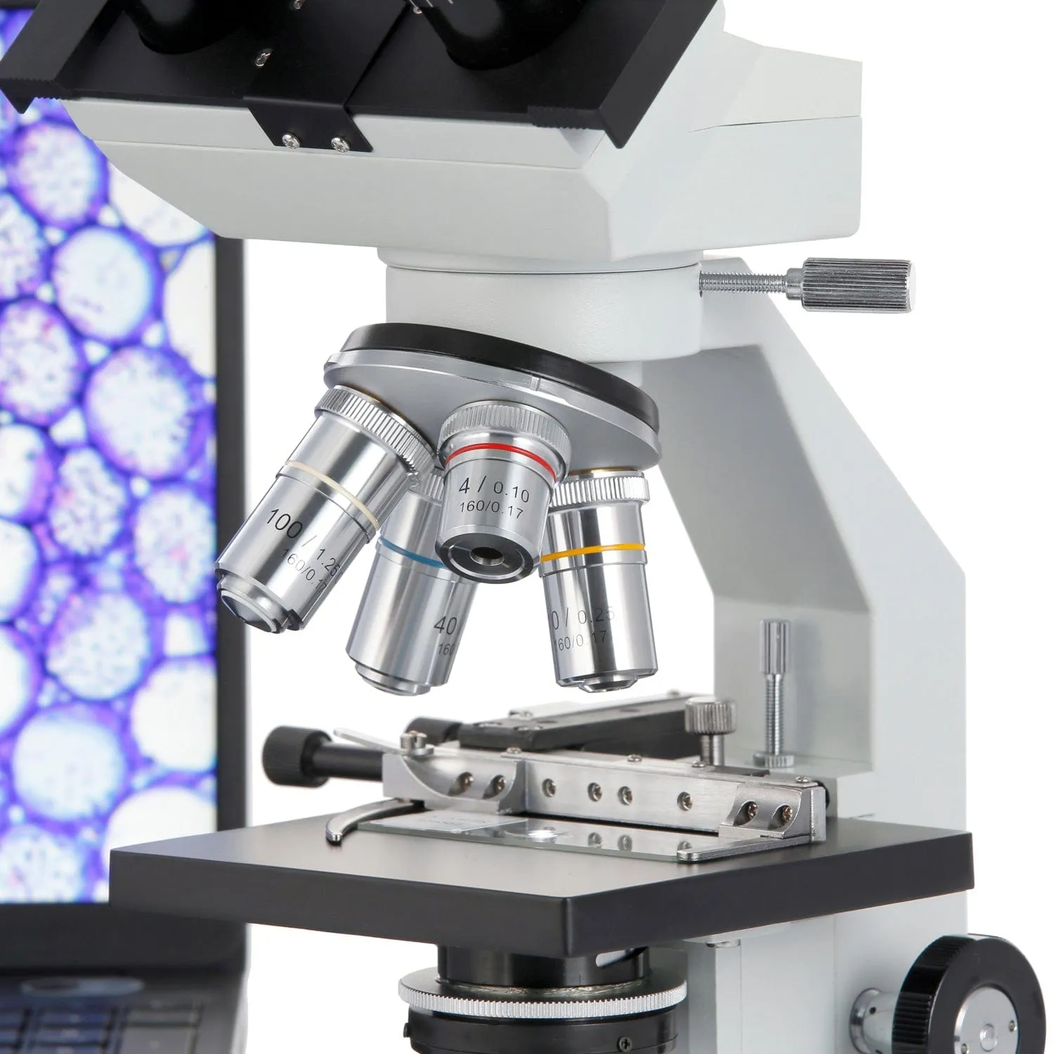 AmScope B100 Series Biological Binocular Compound Microscope 40X-2000X Magnification with Halogen, Mech. Stage and 3MP Digital Eyepiece