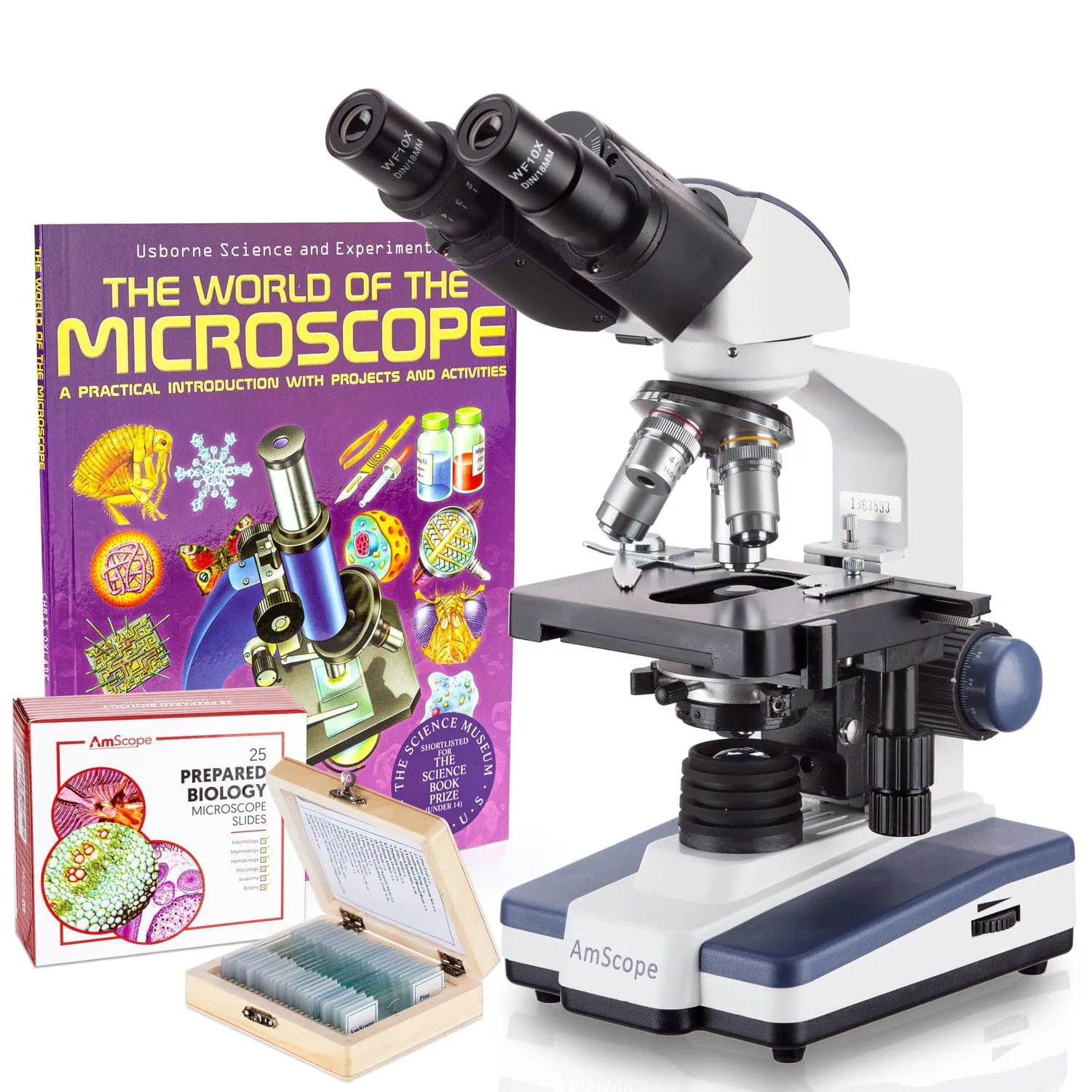 AmScope B120 Series Binocular Compound Microscope 40X-2000X Magnification with LED, Siedentopf Head, 25 Prepared Slides and Book
