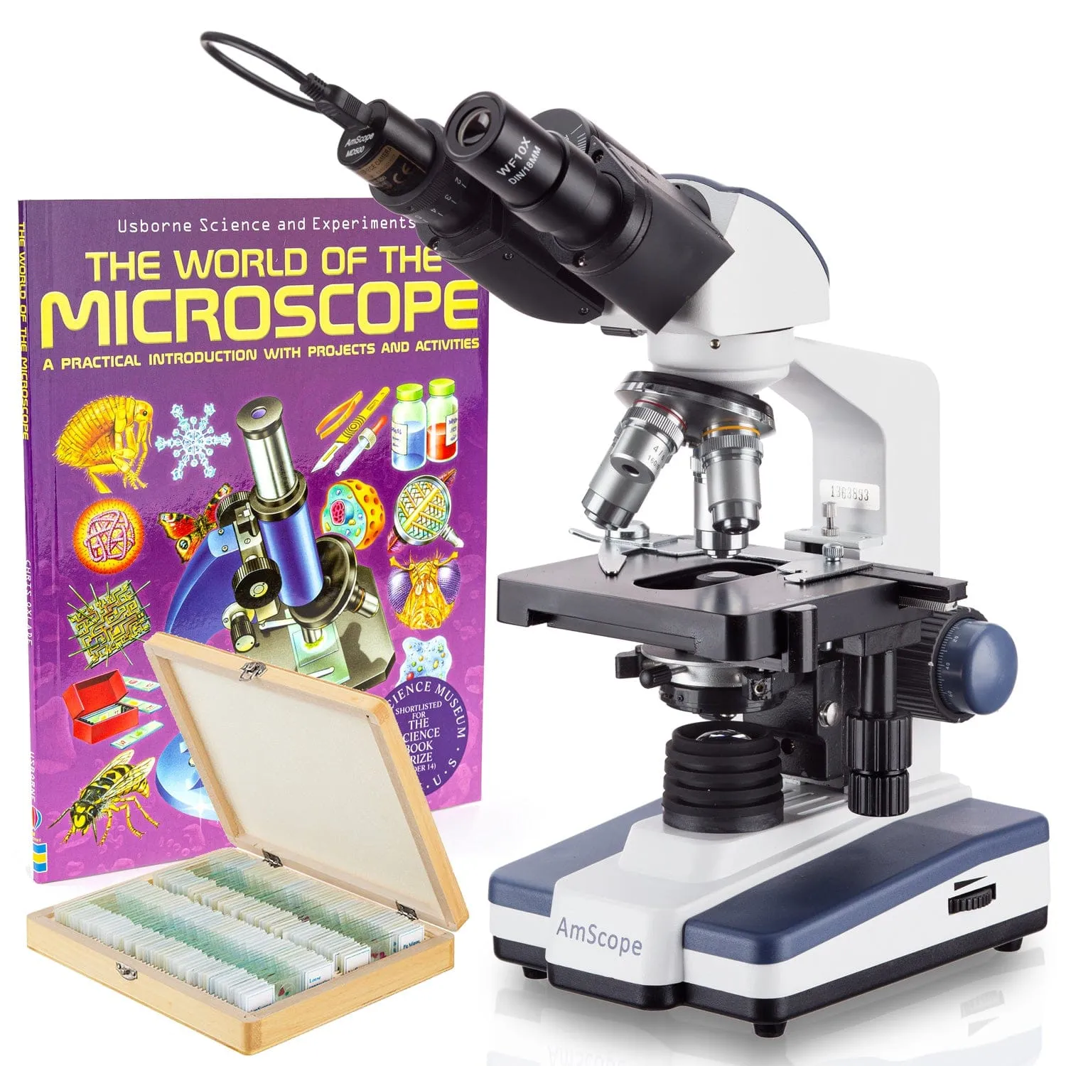 AmScope B120 Series Binocular Compound Microscope 40X-2000X Magnification with LED, Siedentopf Head, 3D Stage, Book and 100 Prepared Slides
