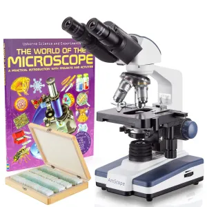 AmScope B120 Series Binocular Compound Microscope 40X-2000X Magnification with LED, Siedentopf Head, 3D Stage, Book and 100 Prepared Slides