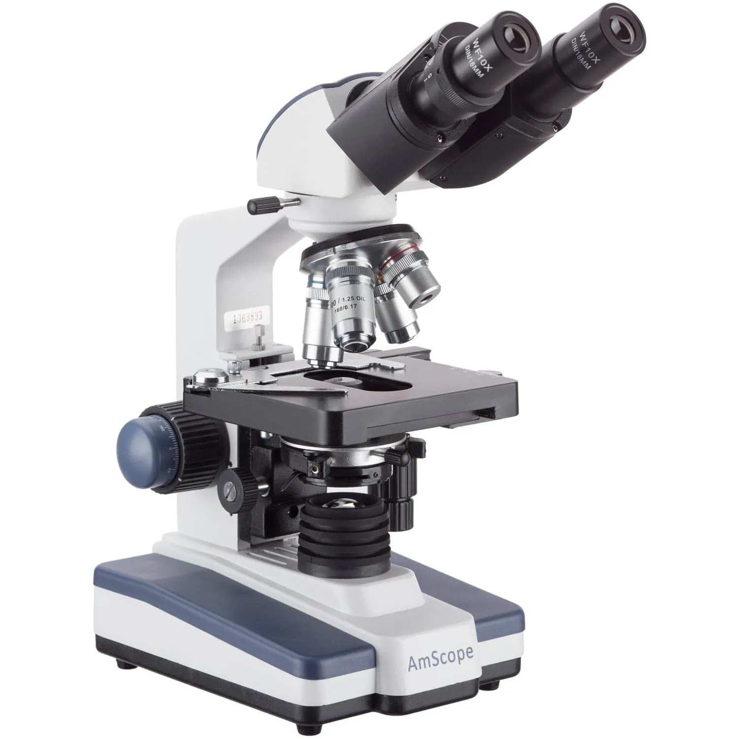 AmScope B120 Series Binocular Compound Microscope 40X-2500X Magnification with LED, Siedentopf Head, 50pc Blank Slides and 10MP Digital Camera