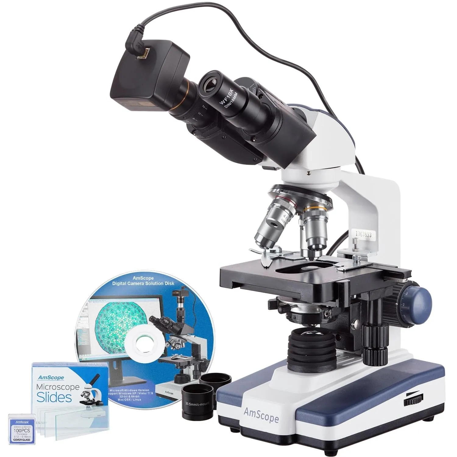 AmScope B120 Series Binocular Compound Microscope 40X-2500X Magnification with LED, Siedentopf Head, 50pc Blank Slides and 10MP Digital Camera