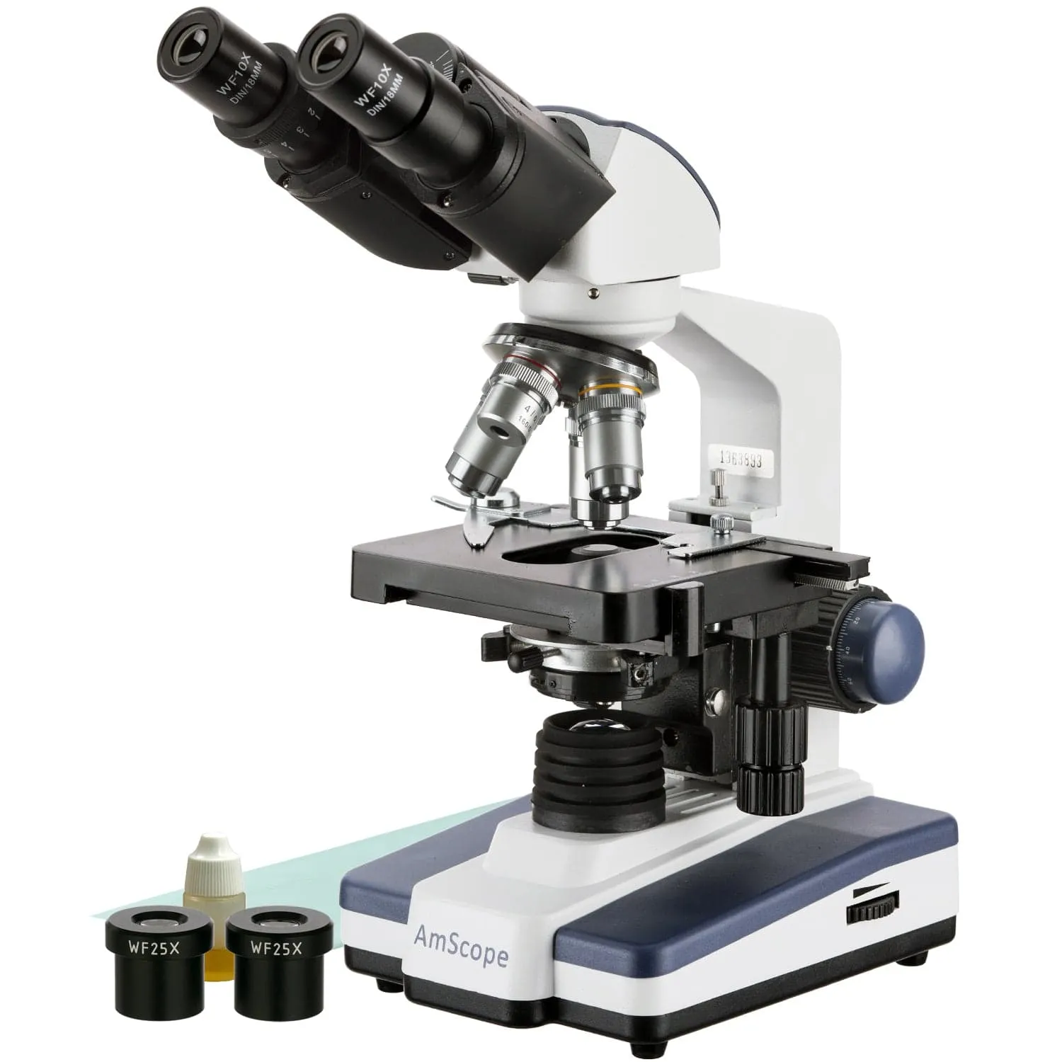 AmScope B120 Series Binocular Compound Microscope 40X-2500X Magnification with LED, Siedentopf Head, 50pc Blank Slides and 10MP Digital Camera