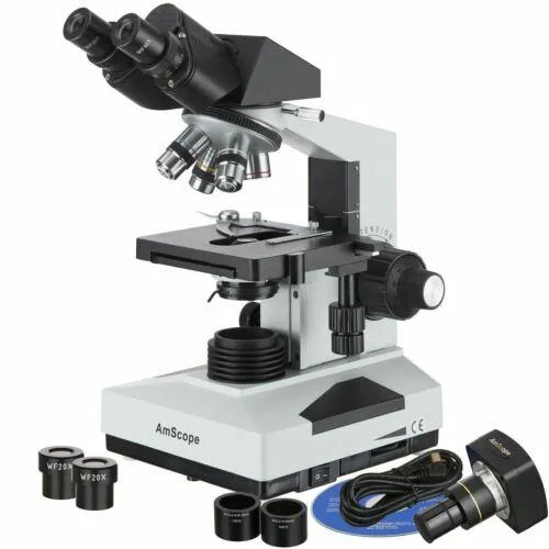 AmScope B490 Series Professional Biological Binocular Compound Microscope 40X-2000X Magnification With 20W Halogen, 3D Mechanical Stage and 3MP USB 2.0 C-mount Camera