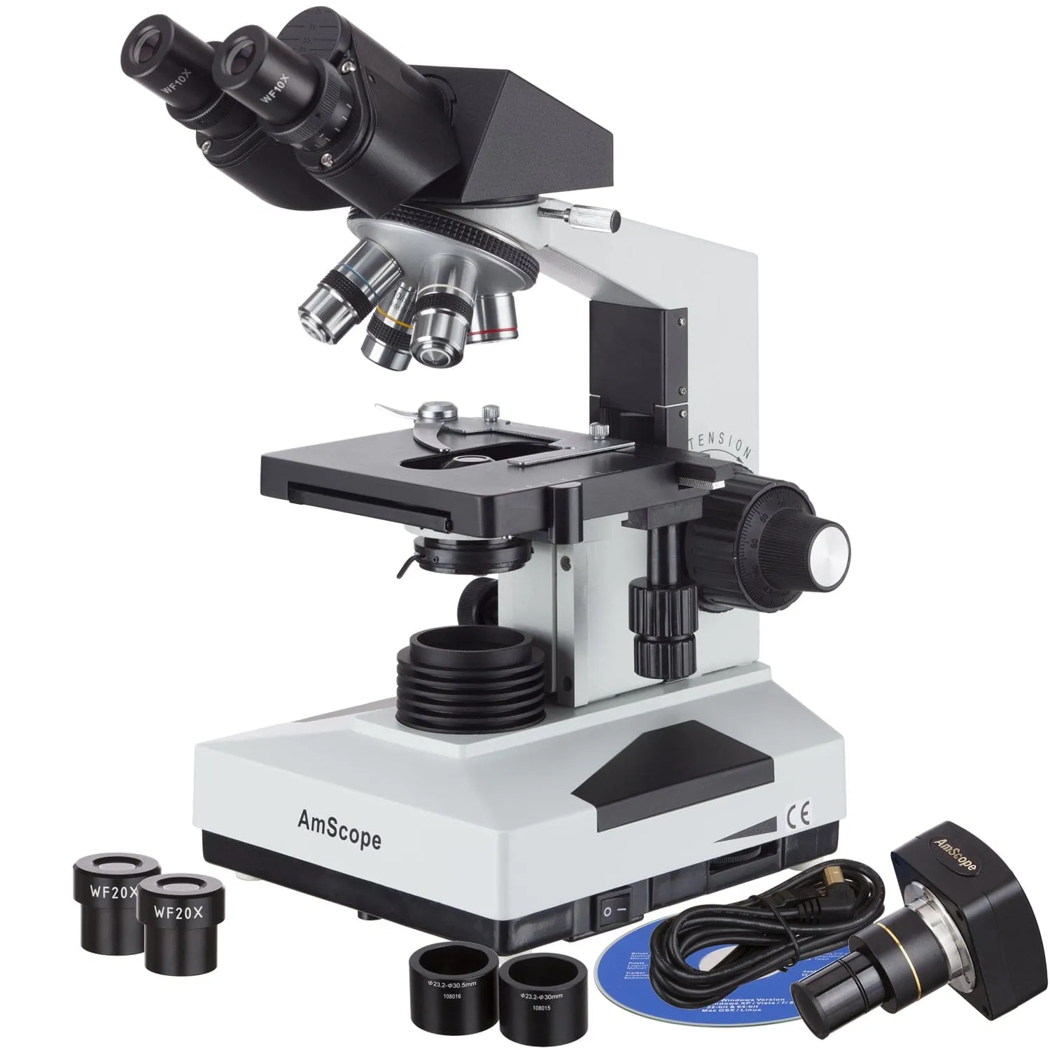 AmScope B490 Series Professional Biological Binocular Compound Microscope 40X-2000X Magnification With 20W Halogen, 3D Mechanical Stage and 5MP USB 2.0 C-mount Camera