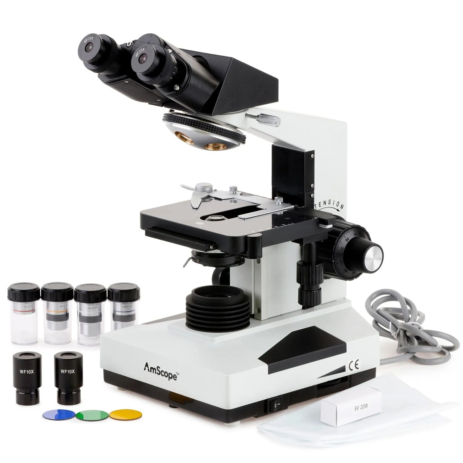 AmScope B490 Series Professional Biological Binocular Compound Microscope 40X-2000X Magnification With 20W Halogen and 3D Mechanical Stage