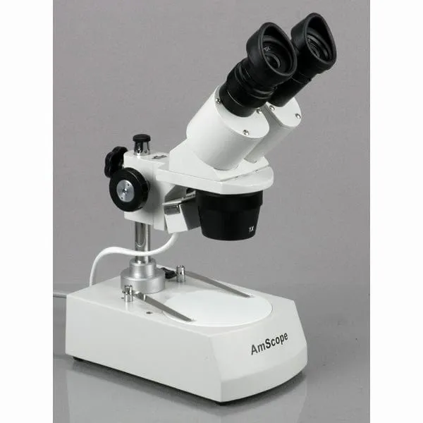 AmScope SE305 Series Compact Multi-Lens Binocular Stereo Microscope 10X-45X Magnification with Angled Head, Metal Pillar Stand, Top & Bottom Halogen Lighting