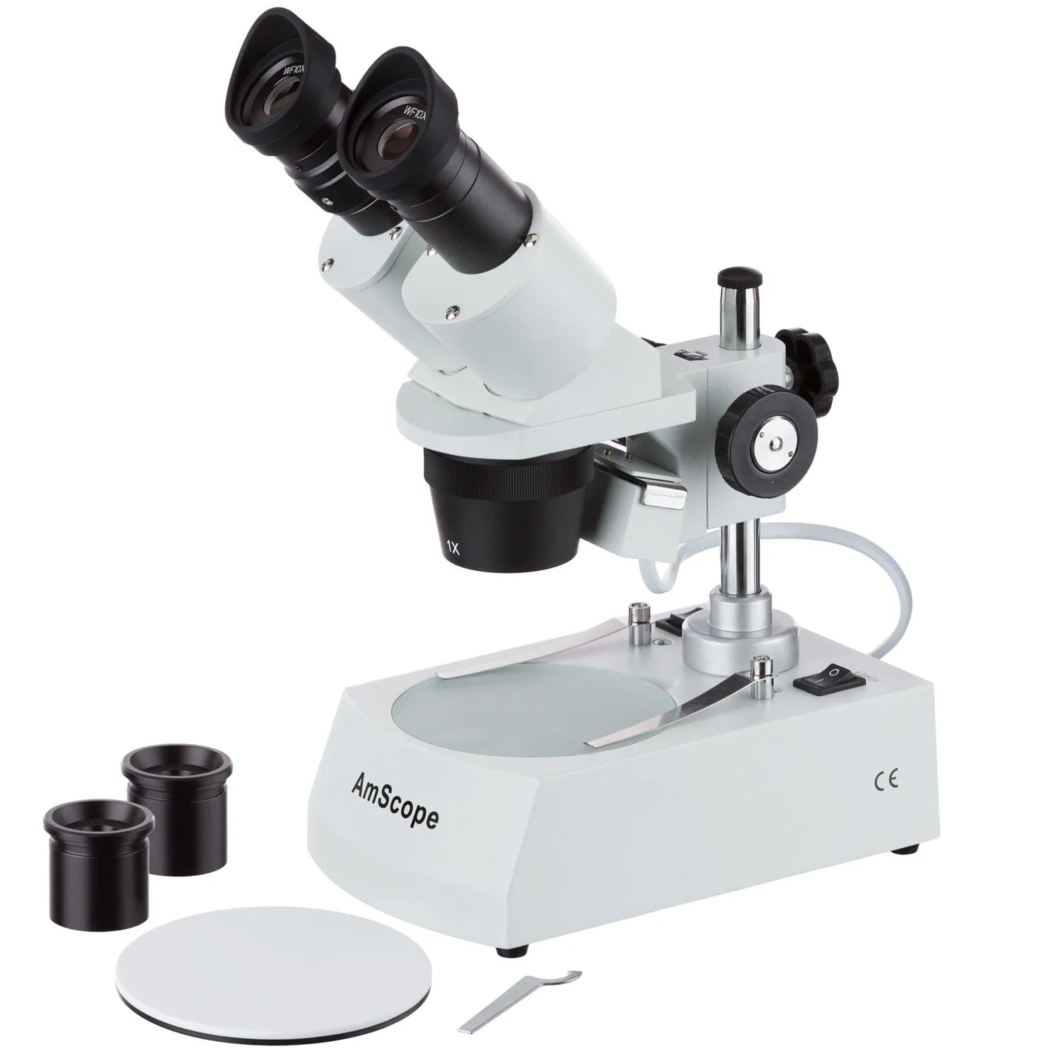 AmScope SE305 Series Compact Multi-Lens Binocular Stereo Microscope 10X-45X Magnification with Angled Head, Metal Pillar Stand, Top & Bottom Halogen Lighting