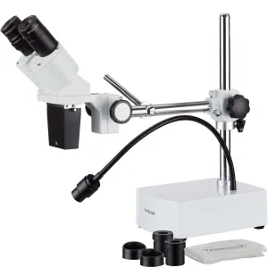 AmScope SE400 Series Compact Fixed-Lens Binocular Stereo Microscope 10X-15X Magnification on Boom-Arm Stand with Gooseneck LED Light