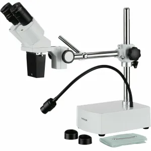 AmScope SE400 Series Compact Fixed-Lens Binocular Stereo Microscope 10X Magnification on Boom-Arm Stand with Reverse Angled Head and Gooseneck LED Light