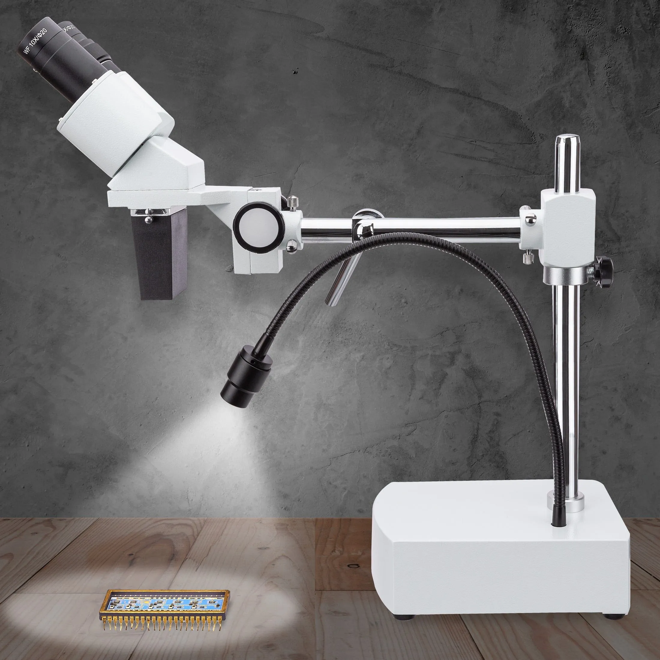 AmScope SE400 Series Compact Fixed-Lens Boom-Arm Stereo Microscope 10X-20X Magnification with Gooseneck LED Light