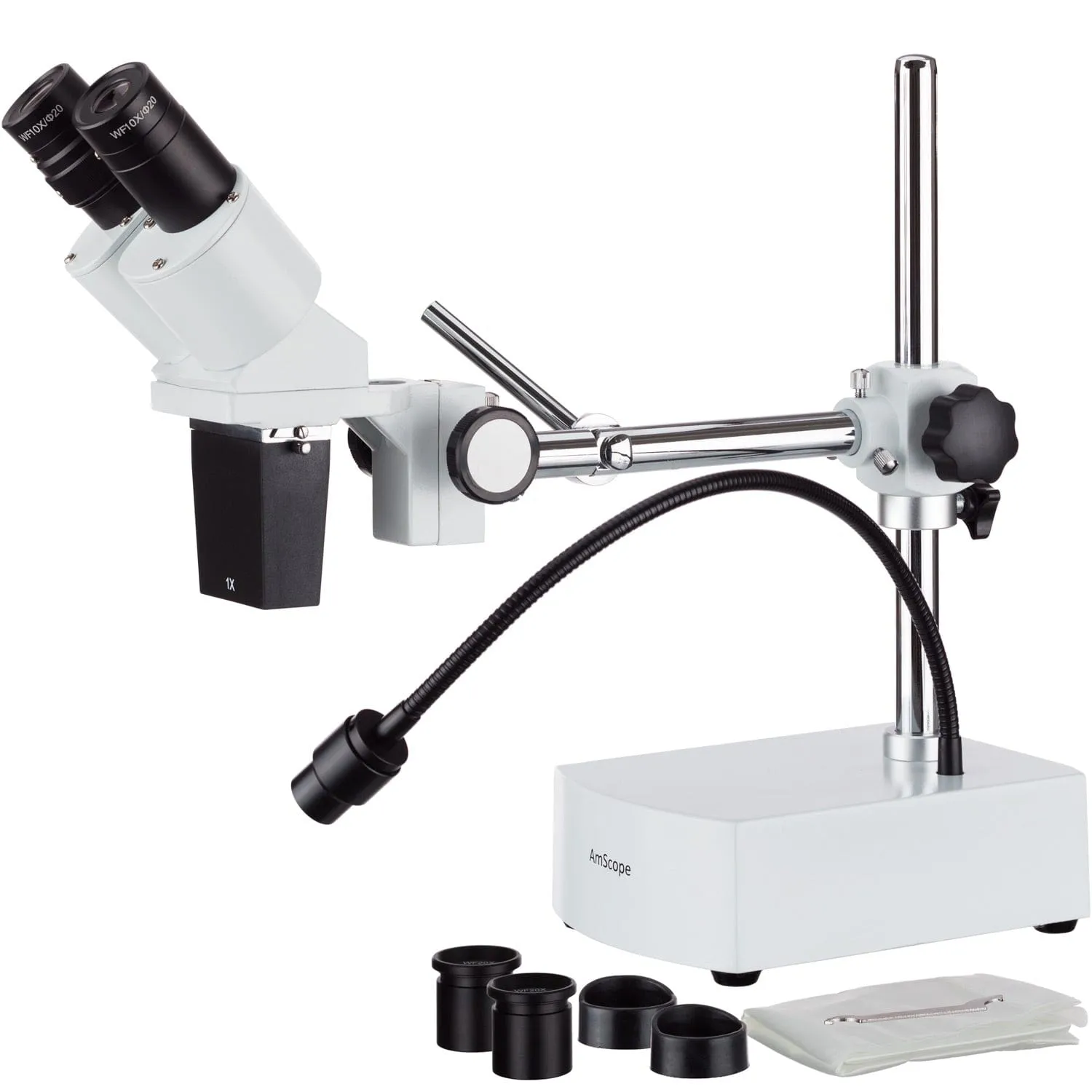 AmScope SE400 Series Compact Fixed-Lens Boom-Arm Stereo Microscope 10X-20X Magnification with Gooseneck LED Light