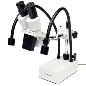AmScope SE420 Series Compact Fixed-Lens Binocular Stereo Microscope 20X Magnification on Boom-Arm with Dual Gooseneck LED Lights