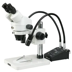 AmScope SM-1 Series Inspection and Dissecting Zoom Binocular Stereo Microscope 3.5X-45X Magnification with 6W Dual-Gooseneck LED Illuminator on Compact Pillar Stand