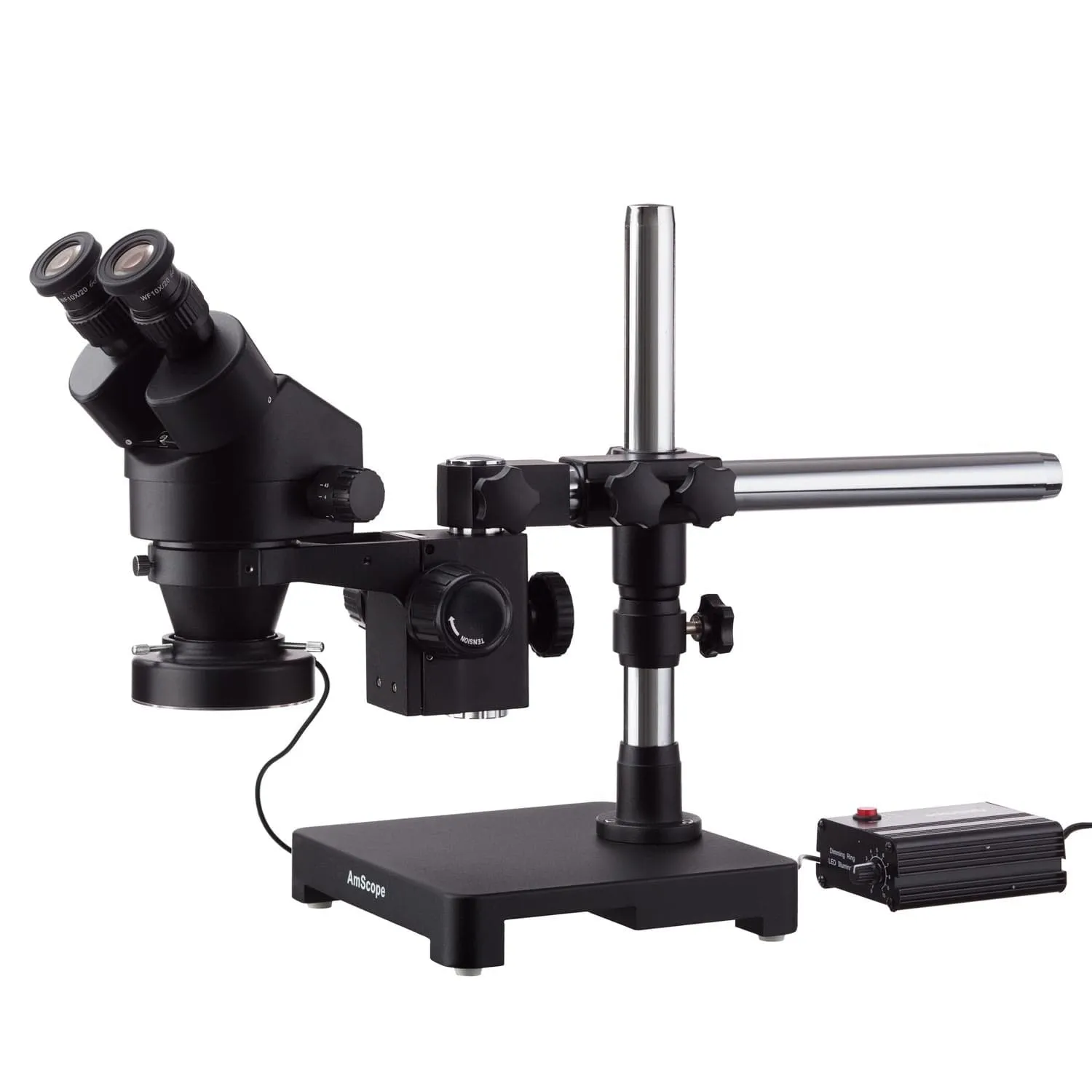 AmScope SM-3 Series Black Zoom Binocular Stereo Microscope 3.5X-180X Magnification on Single Arm Boom Stand with 80-LED Ring-light