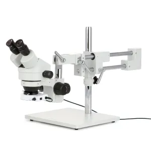 AmScope SM-4B Series Binocular Zoom Stereo Microscope 7X-45X Magnification with 80 LED Compact Ring Light on Double Arm Boom Stand