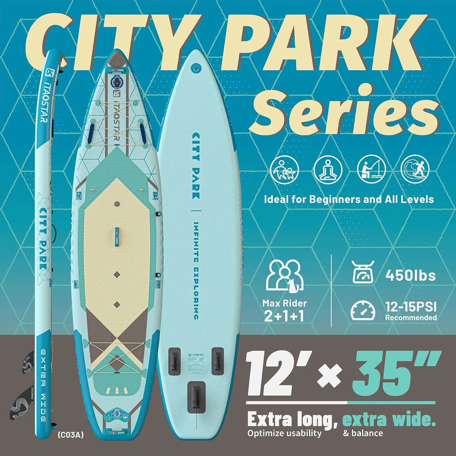 City Park 12'35" Extra Wide Paddle Board with Seat, One-Stop Premium SUP Board Gears, Tailored 5 Fins, Stable Inflatable Stand Up Paddle Boards for Youth/Adults of All Levels