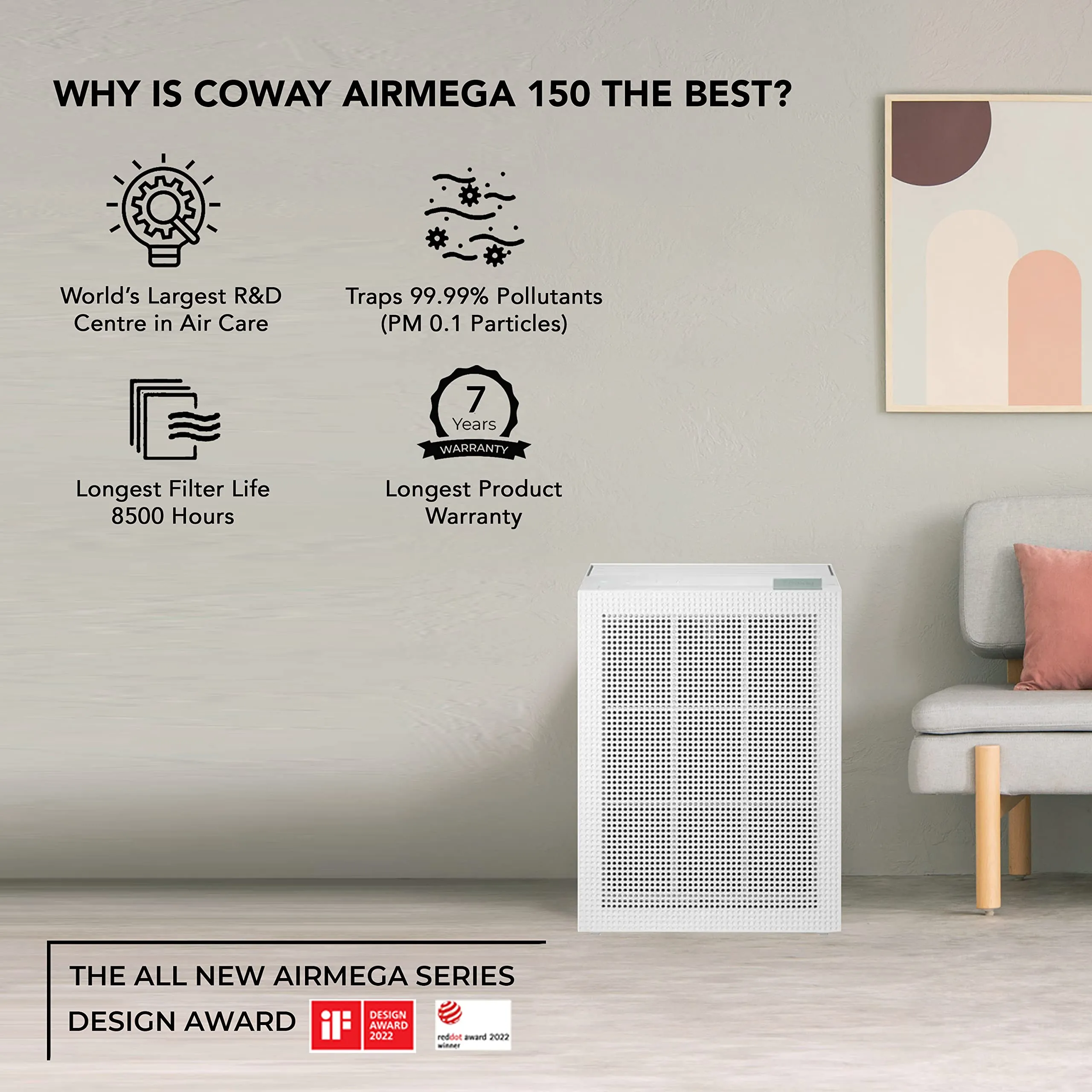 Coway Professional Air Purifier for Home, Longest Filter Life 8500 Hrs, Green True HEPA Filter, Traps 99.99% Virus & PM 0.1 Particles, Warranty 7 Years (Sleek Pro (AP-1009))