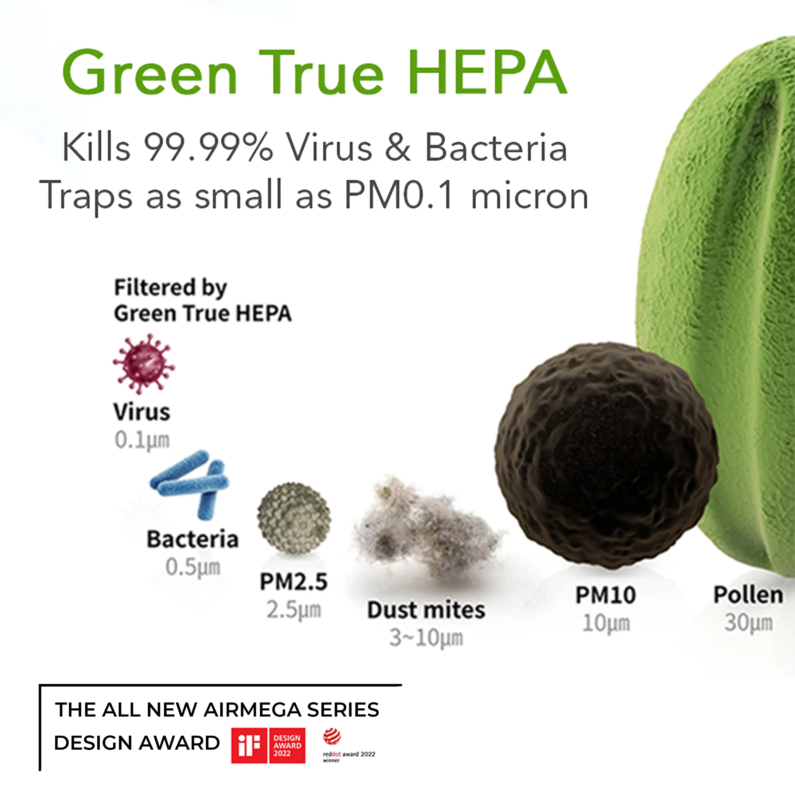 Coway Professional Air Purifier for Home, Longest Filter Life 8500 Hrs, Green True HEPA Filter, Traps 99.99% Virus & PM 0.1 Particles, Warranty 7 Years (Sleek Pro (AP-1009))