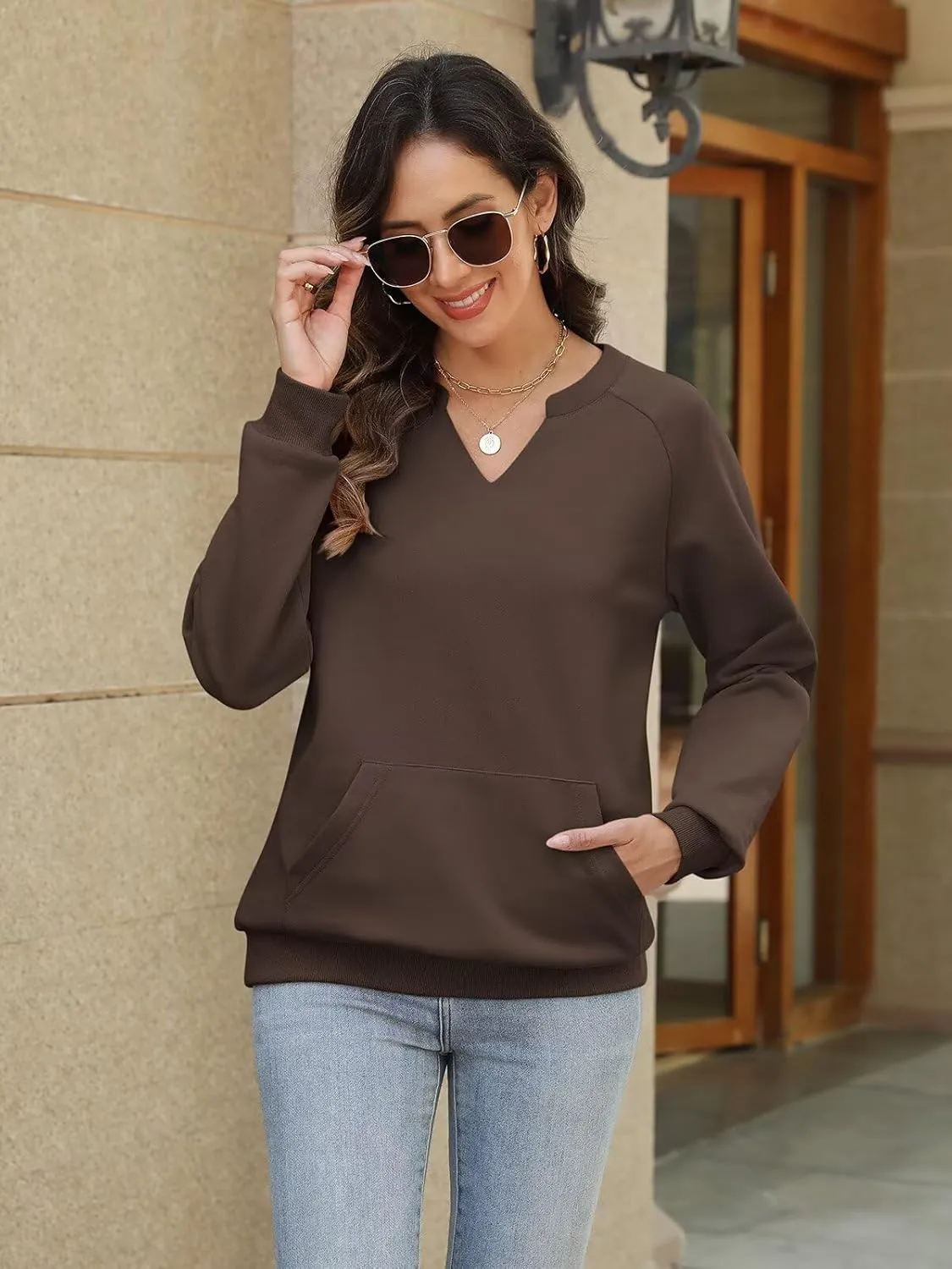 EADINVE Womens V Neck Sweatshirts with Pockets Fleece Pullover Casual Loose Fit Long Sleeve Tops Fall Clothes 2025