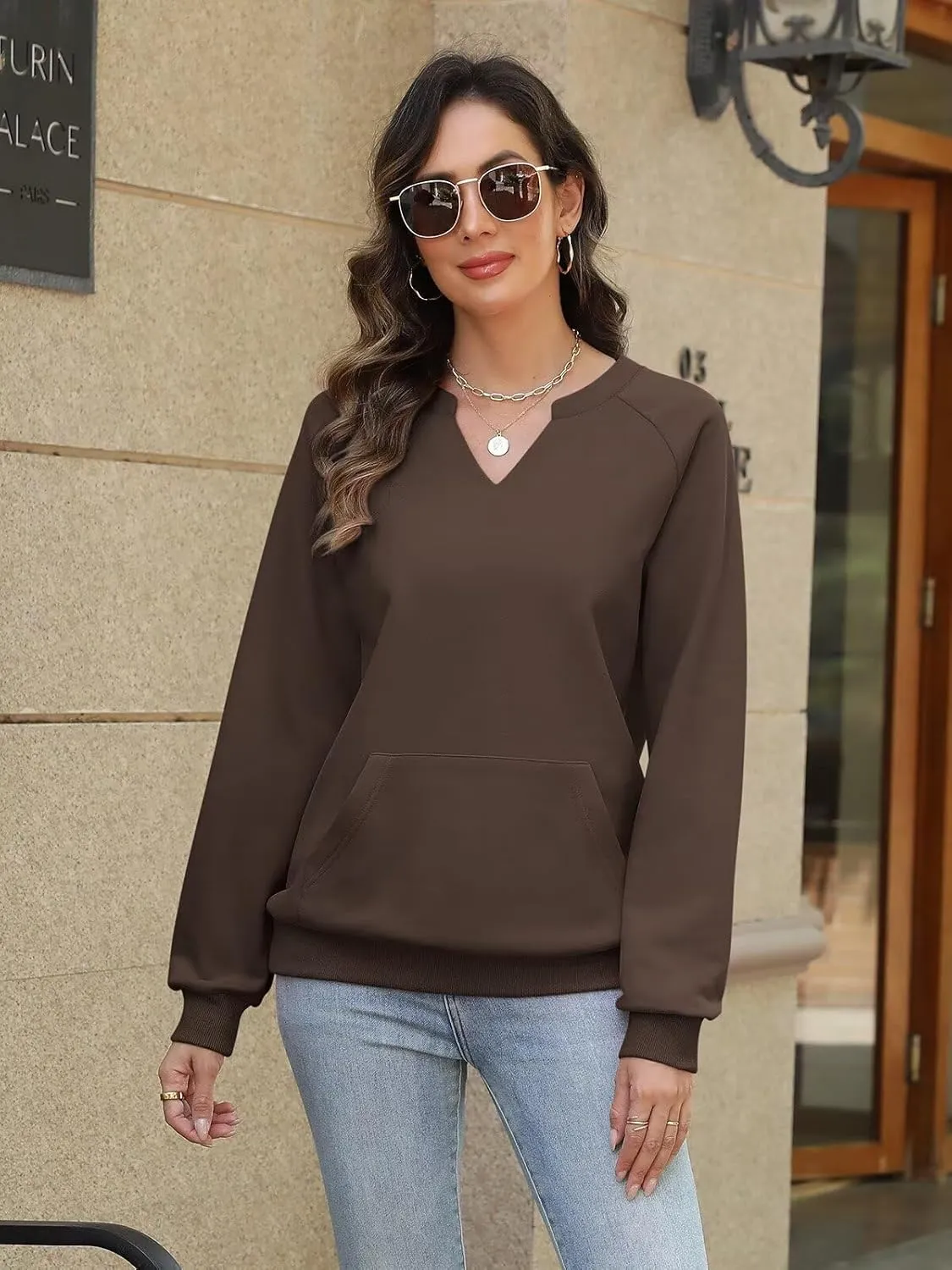 EADINVE Womens V Neck Sweatshirts with Pockets Fleece Pullover Casual Loose Fit Long Sleeve Tops Fall Clothes 2025