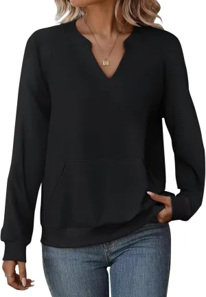 EADINVE Womens V Neck Sweatshirts with Pockets Fleece Pullover Casual Loose Fit Long Sleeve Tops Fall Clothes 2025