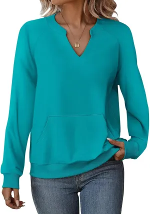 EADINVE Womens V Neck Sweatshirts with Pockets Fleece Pullover Casual Loose Fit Long Sleeve Tops Fall Clothes 2025