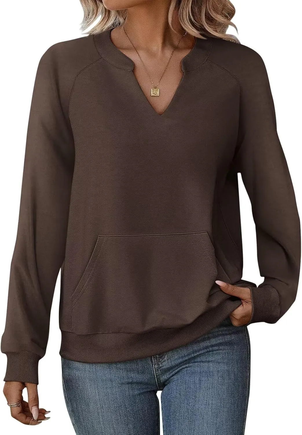 EADINVE Womens V Neck Sweatshirts with Pockets Fleece Pullover Casual Loose Fit Long Sleeve Tops Fall Clothes 2025