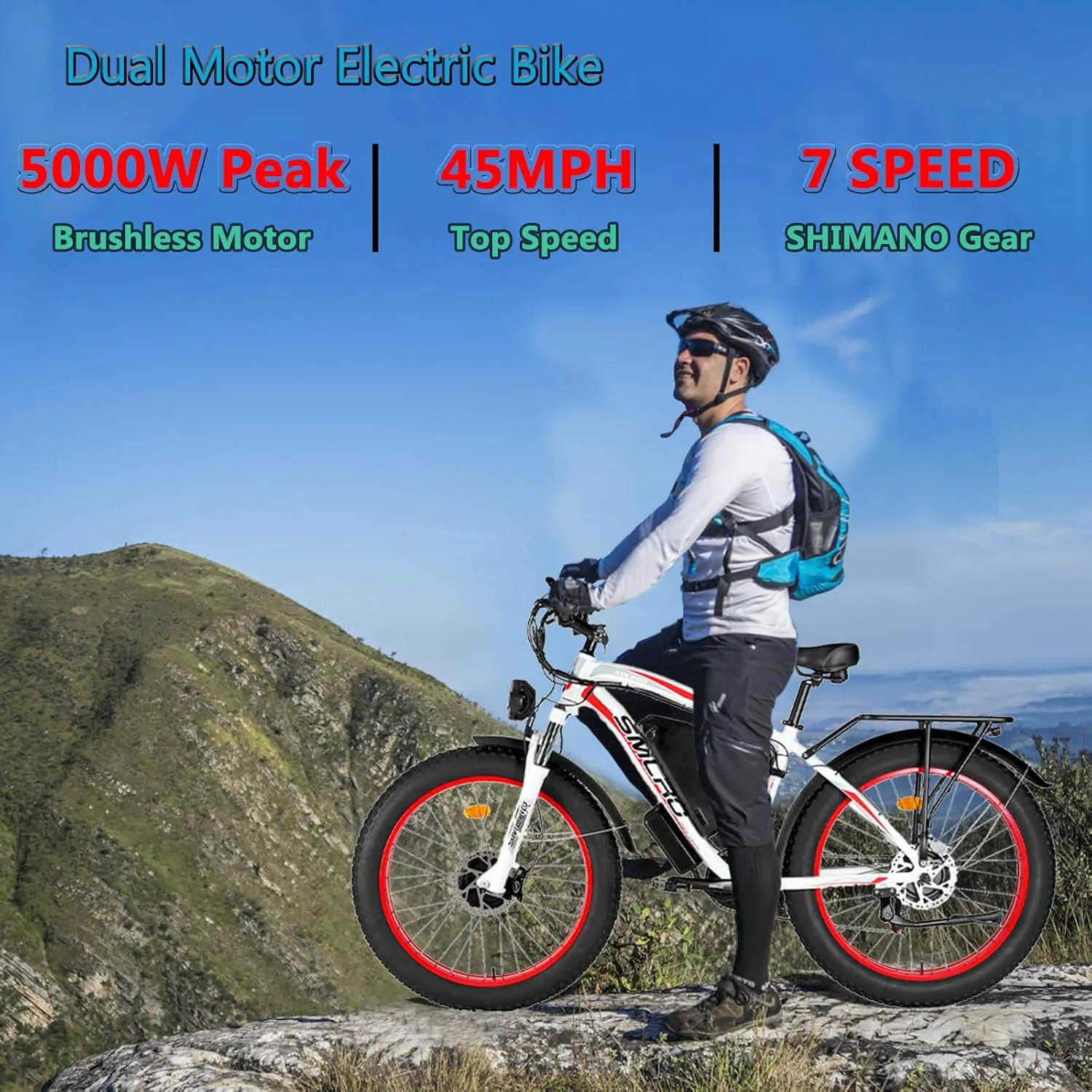 Electric Bike for Adults, 5000W Peak Dual Motor 52V 30Ah 45MPH AWD Ebike 7 Speed 26" Fat Tire MTB Hydraulic Disc Brake