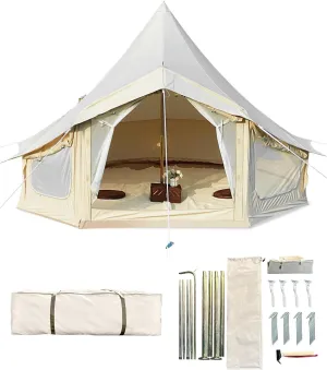 essential Canvas Bell Tent, 4 Seasons Yurt Tent with 2 Stove Jack, 4 Mesh Zippers Windows, Breathable Waterproof Tent Suitable for 4-12 People, Family Camping Outdoor Party