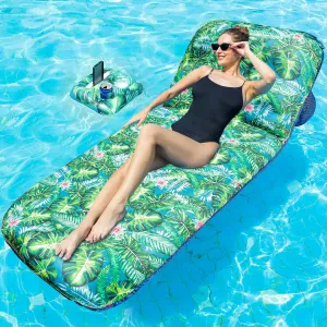 FindUWill Oversized Pool Float Lounge, 72" X 37" Extra Large Fabric-Covered Pool Floats for Adults, Inflatable Contour Lounger with Headrest Ultra-Comfort Cooling Pool Raft (XL, Monstera)