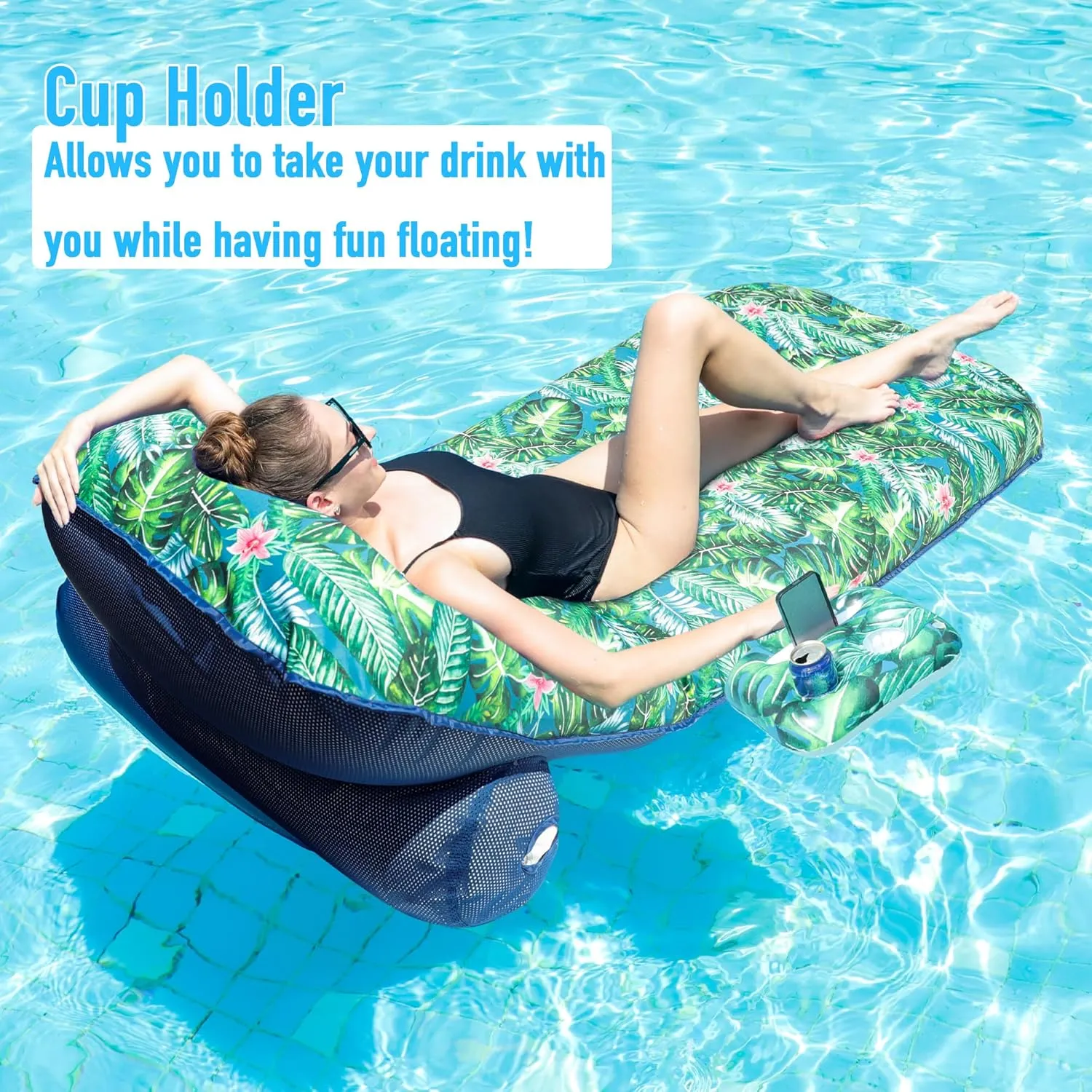 FindUWill Oversized Pool Float Lounge, 72" X 37" Extra Large Fabric-Covered Pool Floats for Adults, Inflatable Contour Lounger with Headrest Ultra-Comfort Cooling Pool Raft (XL, Monstera)