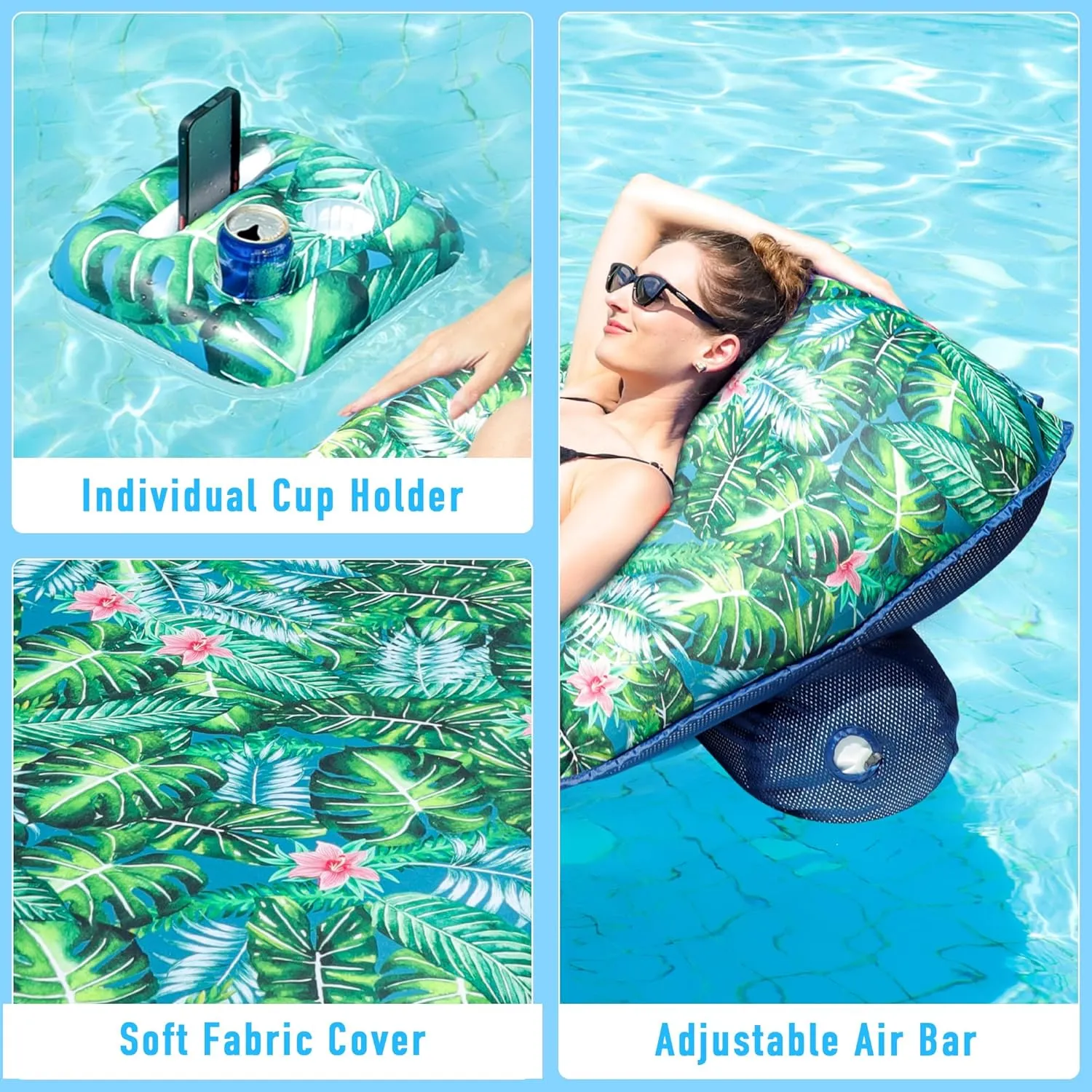 FindUWill Oversized Pool Float Lounge, 72" X 37" Extra Large Fabric-Covered Pool Floats for Adults, Inflatable Contour Lounger with Headrest Ultra-Comfort Cooling Pool Raft (XL, Monstera)