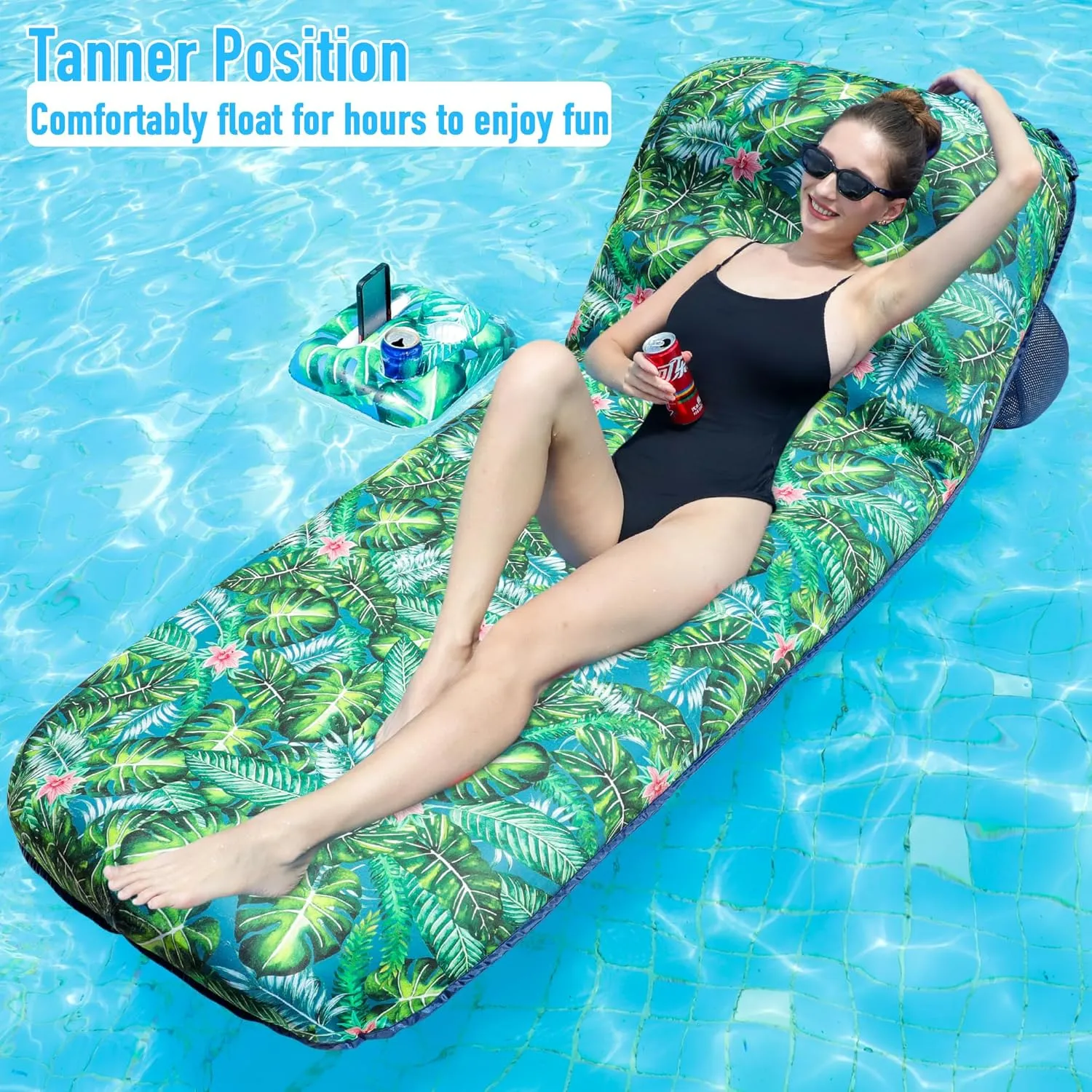 FindUWill Oversized Pool Float Lounge, 72" X 37" Extra Large Fabric-Covered Pool Floats for Adults, Inflatable Contour Lounger with Headrest Ultra-Comfort Cooling Pool Raft (XL, Monstera)