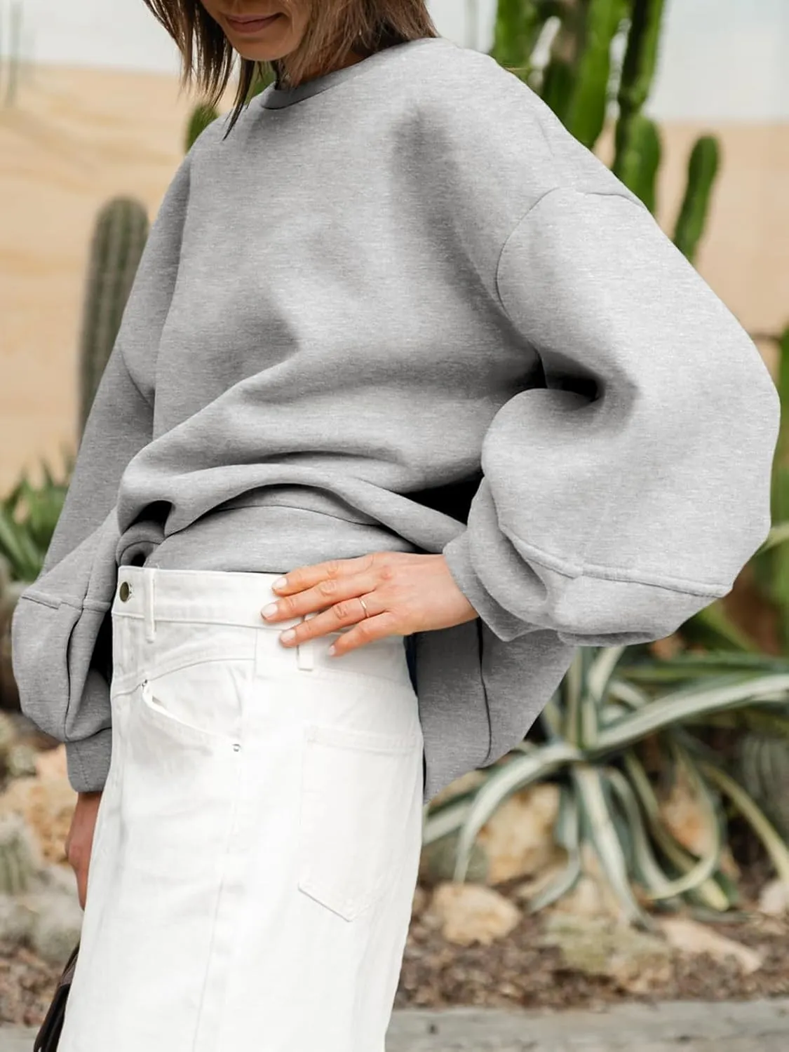 Fisoew Womens Oversized Crewneck Sweatshirt Casual Long Lantern Sleeve Fall Pullover Tops
