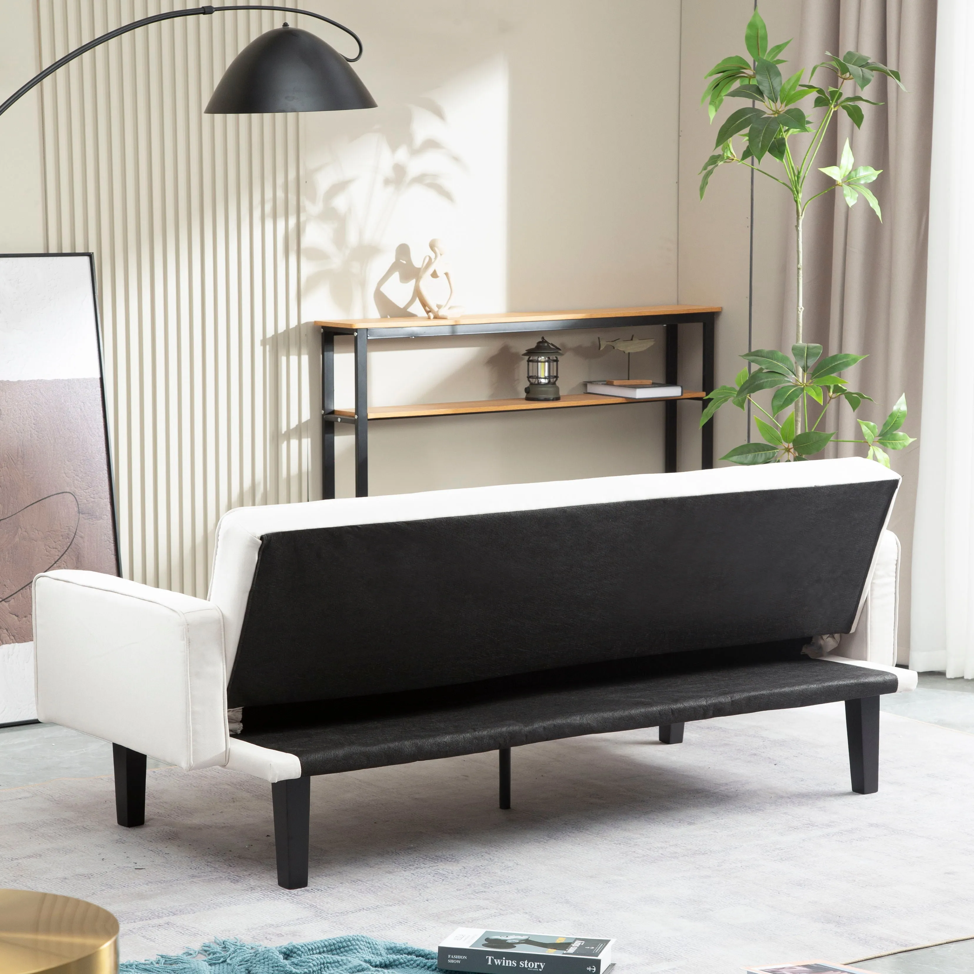 Futon Sofa Bed Convertible Couch Bed With Armrests Modern Living Room Linen Sofa Bed, Folding Recliner Futon Couch Sleeper Set With Solid Wood Legs