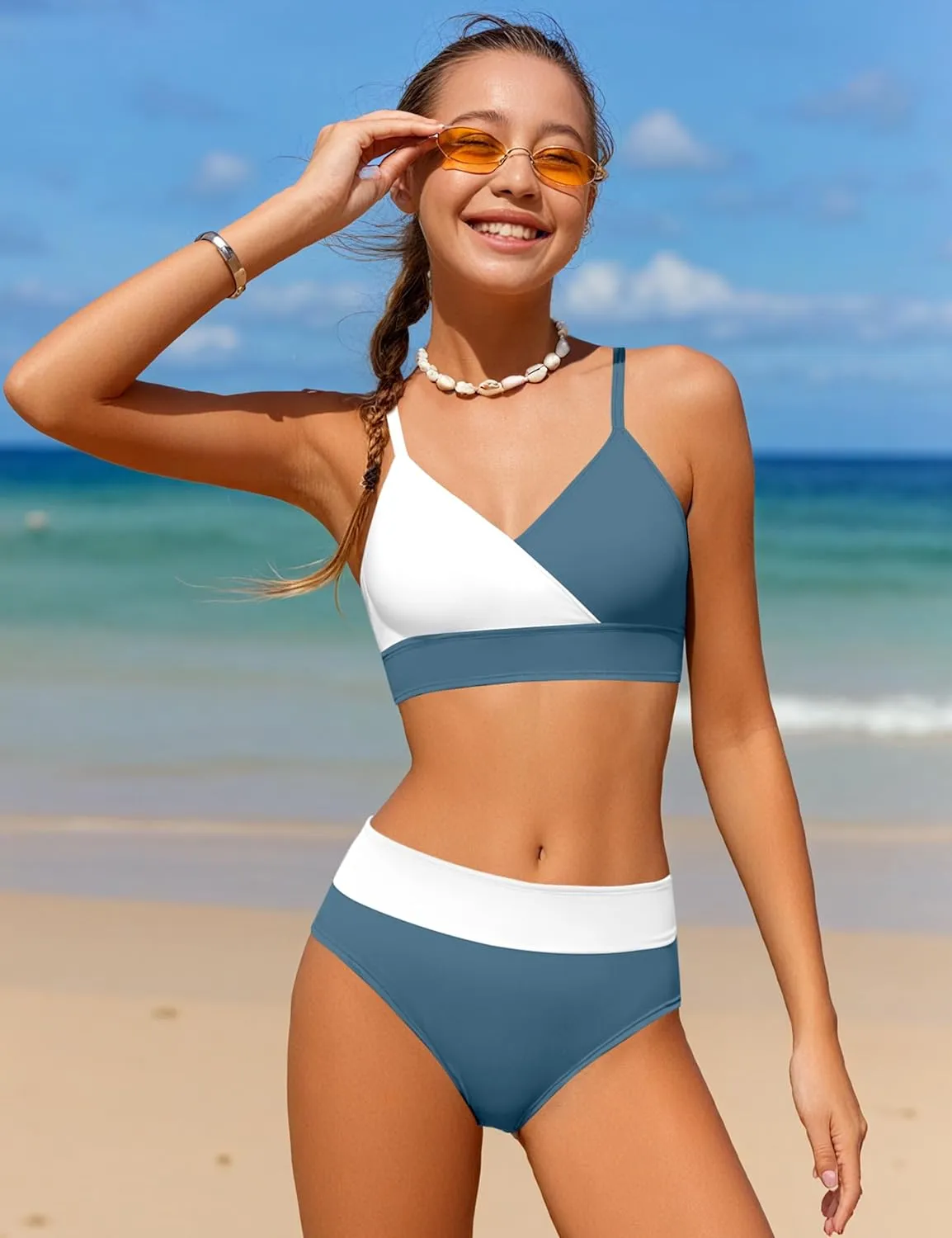 Girls Swimsuit V Neck Bikini Set Color Block with Cover Up 3Pcs Bathing Suits