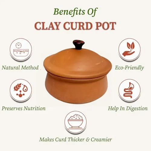 Hand Craft Clay Pot for Cooking & Serving with Lid 1 LTR, Earthen Kadai/Mud Handi/Mitti Ke Bartan, Lightweight & Durable Mitti Handi, Brown Colour