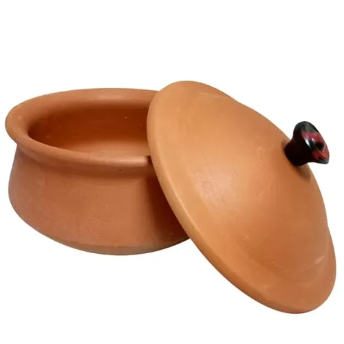 Hand Craft Clay Pot for Cooking & Serving with Lid 1 LTR, Earthen Kadai/Mud Handi/Mitti Ke Bartan, Lightweight & Durable Mitti Handi, Brown Colour