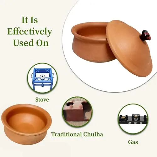 Hand Craft Clay Pot for Cooking & Serving with Lid 1 LTR, Earthen Kadai/Mud Handi/Mitti Ke Bartan, Lightweight & Durable Mitti Handi, Brown Colour