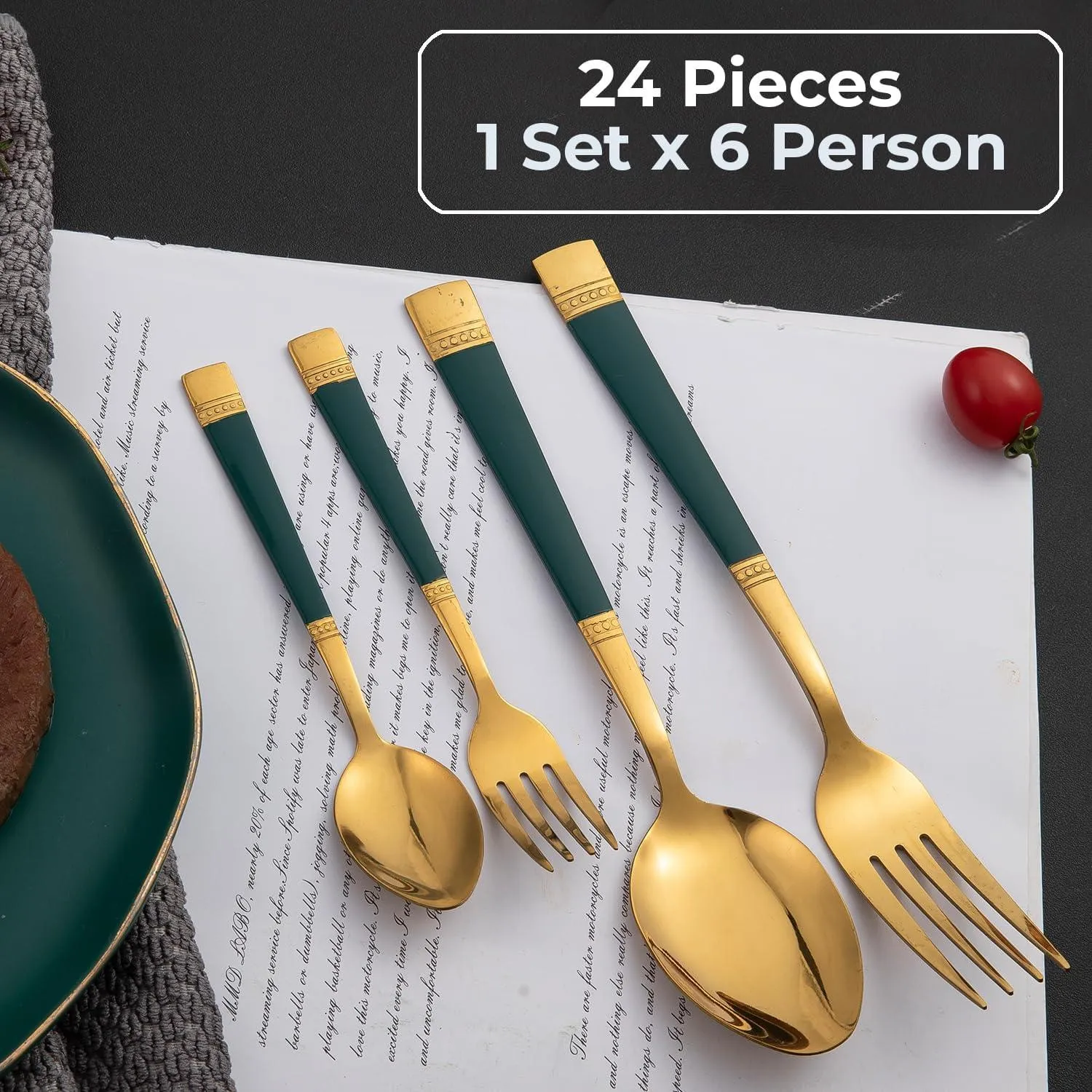 HOKIPO Cutlery Set of 18 / 24 Pcs Stainless Steel Flatware Set, Mirror Finish - Gold