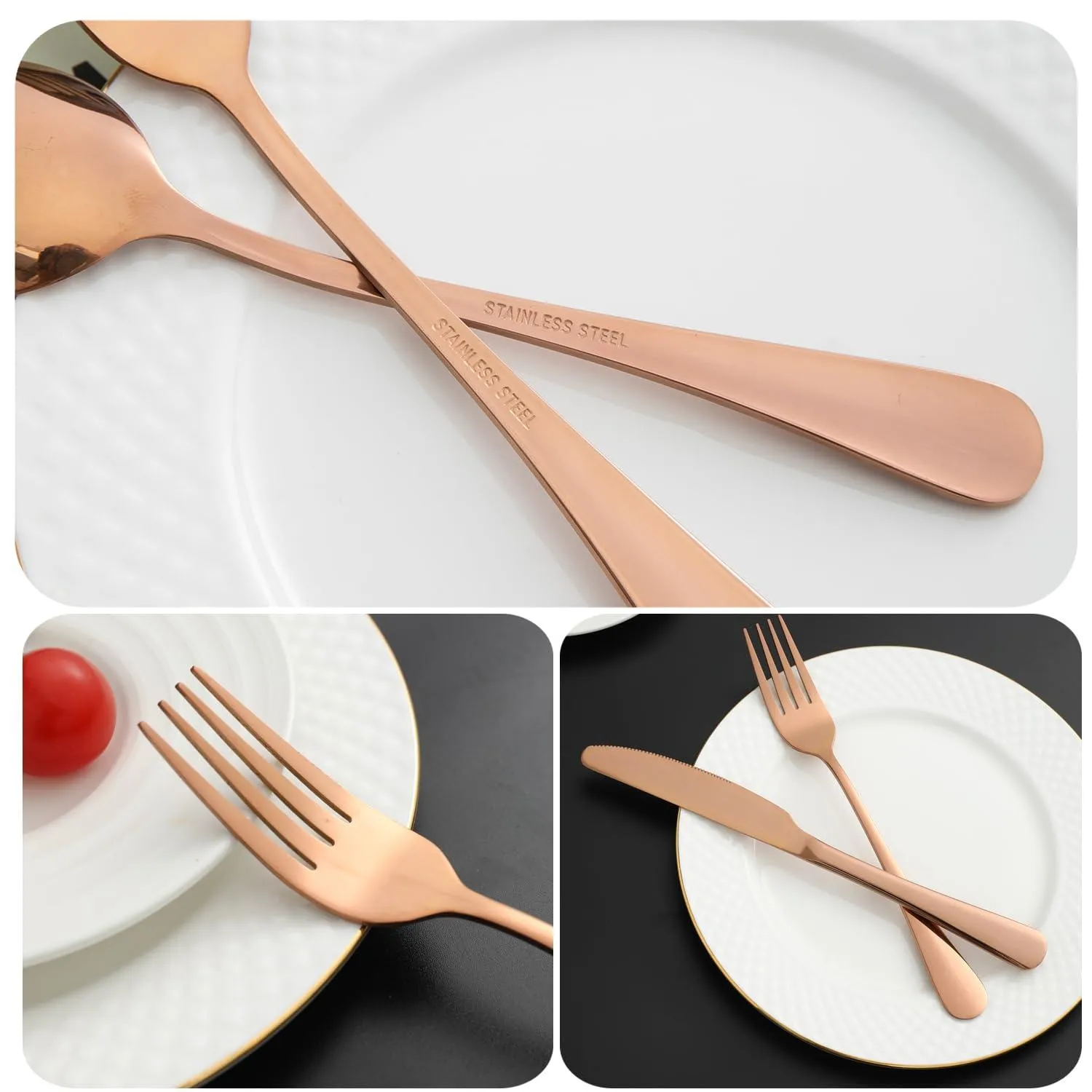HOKIPO Cutlery Set of 30 Pcs Stainless Steel Flatware Set, Mirror Finish - Rose Gold