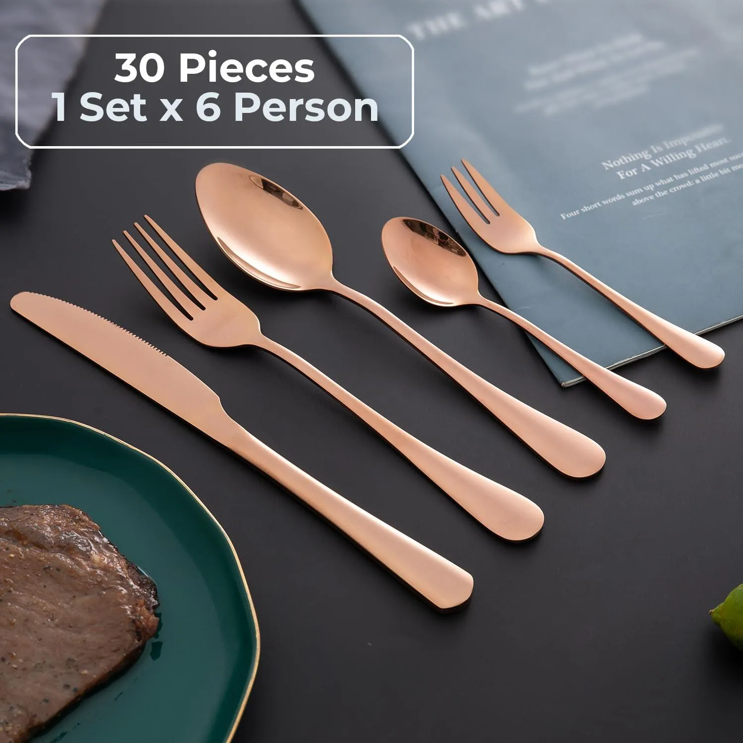 HOKIPO Cutlery Set of 30 Pcs Stainless Steel Flatware Set, Mirror Finish - Rose Gold