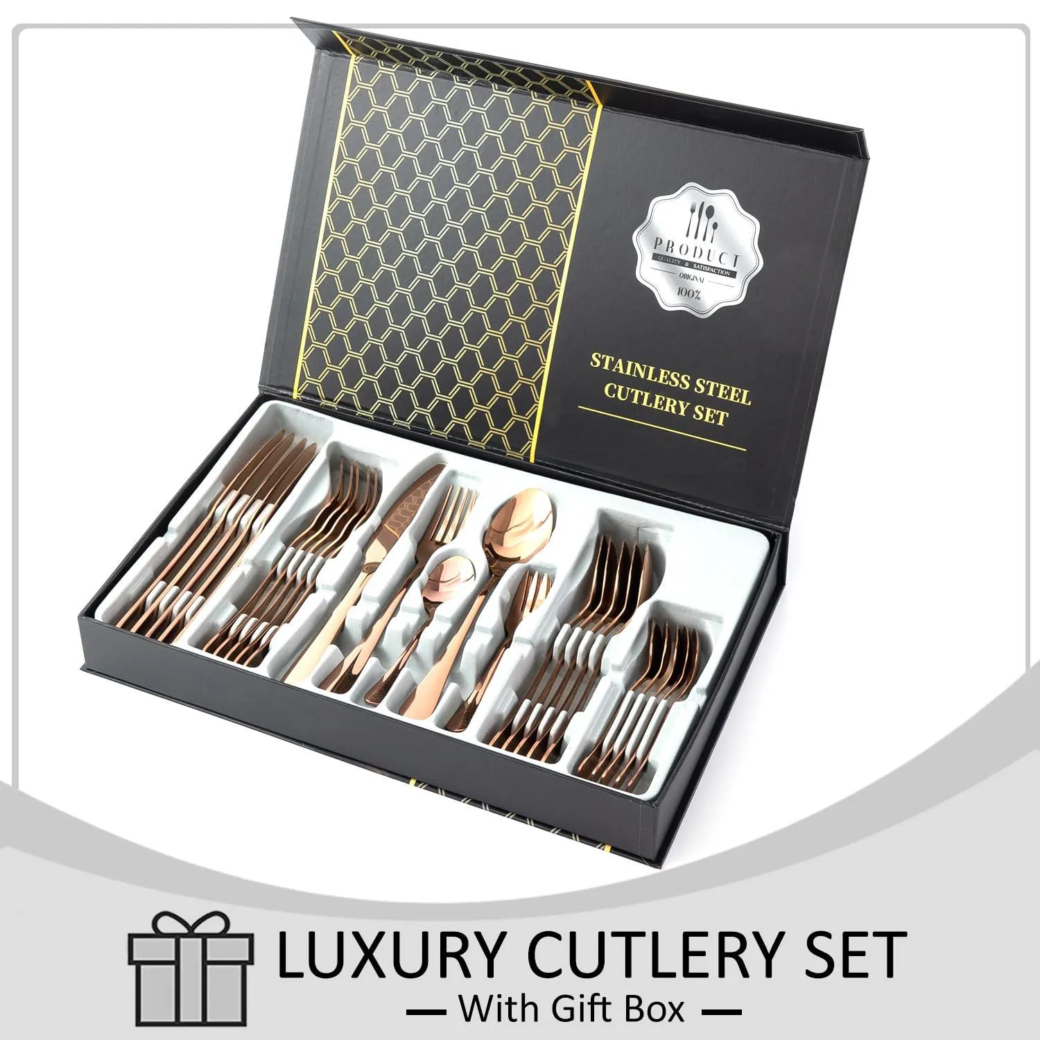 HOKIPO Cutlery Set of 30 Pcs Stainless Steel Flatware Set, Mirror Finish - Rose Gold