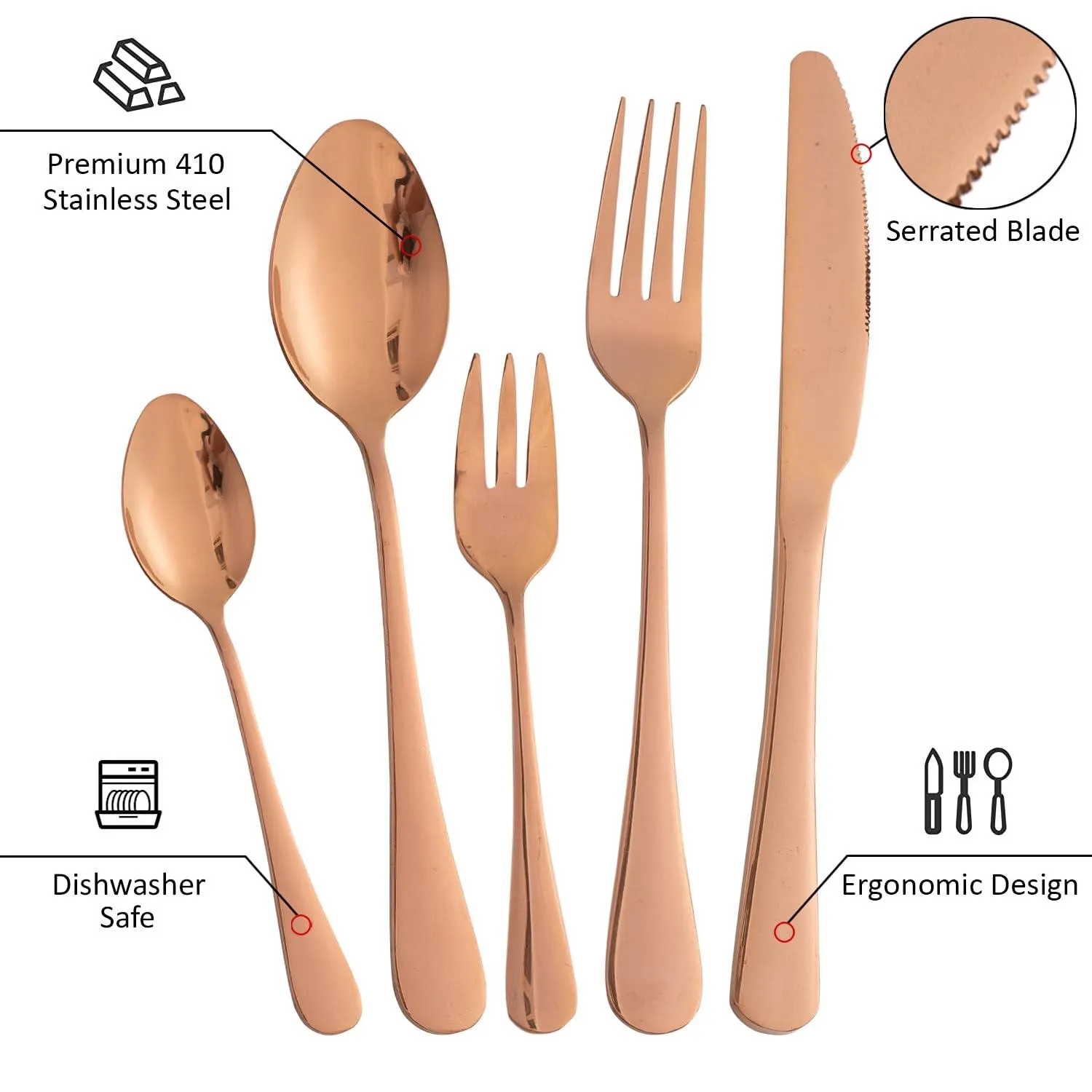 HOKIPO Cutlery Set of 30 Pcs Stainless Steel Flatware Set, Mirror Finish - Rose Gold